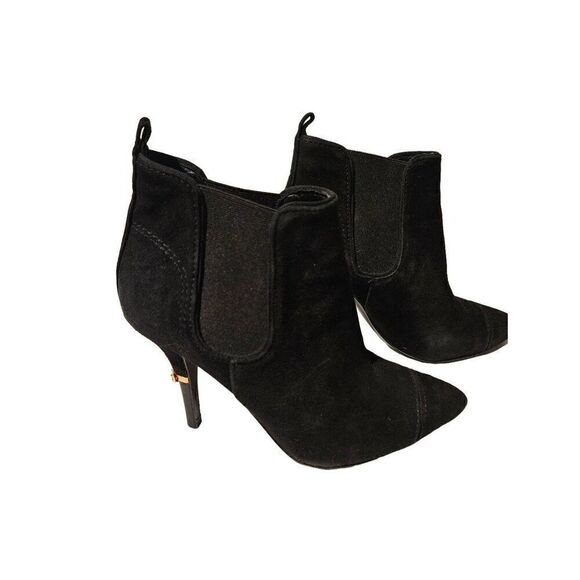 Tory Burch black suede ankle booties with gold emblem on heel. Size 7. - Picture 2 of 6